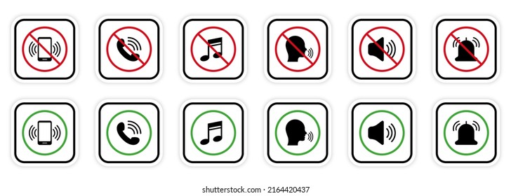 Silence Mute Zone Red Forbidden Round Sign. Warning Ban Noise Rule. Notification Call Black Silhouette Icon Set. Use Phone Speak Loud Allowed Area Green Symbol. Isolated Vector Illustration.