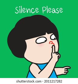 Silence Please. Close Up Portrait Of A Girl With Finger On Her Lips As Gesture Representing Silence Concept Card Character illustration