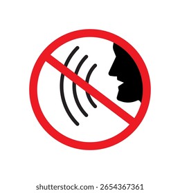 Silence prohibition icon. Red circle slash. Sound waves blocked. Vector speech ban.