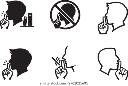 Silence request gesture collection showing hush communication and privacy signal