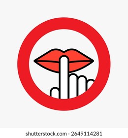 Silence Sign Icon: Um simples, mas poderoso sinal ilustrando um conceito universal, representado com um dedo pressionado contra lábios dentro de um círculo vermelho vibrante.	