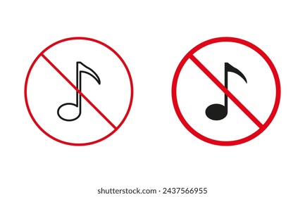 Silence Zone. Musical Note Prohibit Line And Silhouette Icons. No Music Allowed Warning Sign Set. No Sound Area, Not Place for Sing Music Red Circle Symbol. Isolated Vector Illustration.