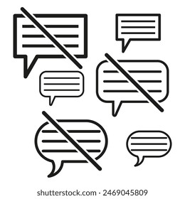 Silenced communication icons. Prohibited message symbols. No chat allowed signs. Restricted conversation emblems. Vector illustration. EPS 10.