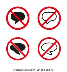 Silenced speech Vector icons. No talking signs set. Communication restriction symbols. Silence areas.