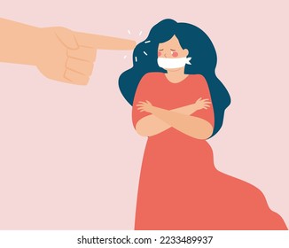 Silenced woman by force suffers from abuse. Female blamed by people pointing fingers at her. Teenage girl bullied by society. Stop bullying, violence against women and children concept. Vector stock.