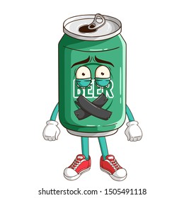 Silent beer can cartoon character with duct tape and funny expression