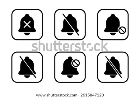 Silent bell icon set collection on square line. Mute sound, notification prohibition sign symbol