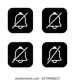 Silent bell icon set on black square. Mute notification sign symbol