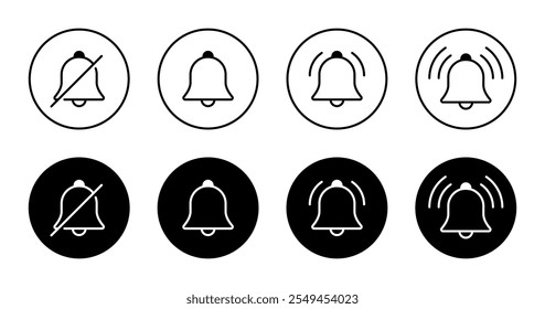 Silent bell and notification icon set collection on black circle. New notice outline sign symbol