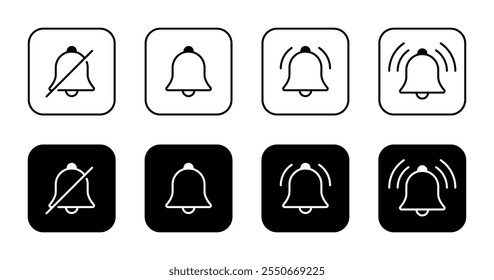 Silent bell and notification icon set collection on black square. New notice outline sign symbol