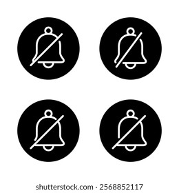 Silent bell outline icon set collection on black circle. Mute notification message line sign symbol