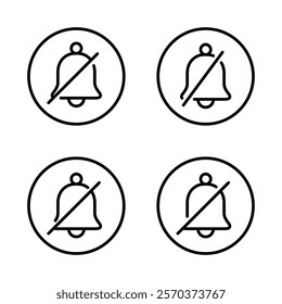 Silent bell outline icon set on circle line. Mute notification message line sign symbol