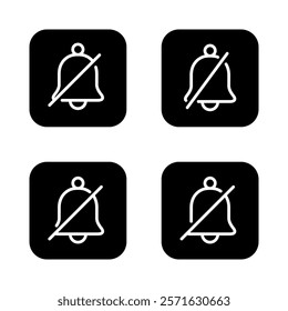 Silent bell outline icon set collection on black square. Mute notification sign symbol