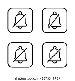 Silent bell outline icon set collection on square line. Turn off notification sign symbol