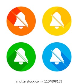 silent bell. simple icon. Flat white icon on colored circles background. Four different long shadows in each corners