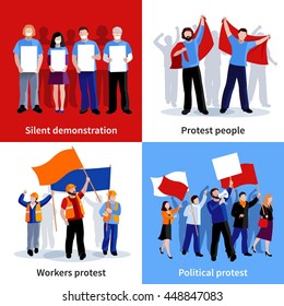 Silent demonstration and political protest people with placards megaphones and flags 2x2 icons set flat isolated vector illustration