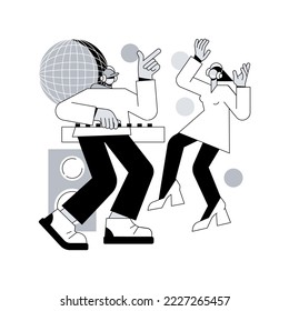 Ilustración de vector de concepto disco abstracto silencioso. Fiesta de audífonos, tendencia de la calma, alquiler de equipos de disco silenciosos, experiencia de escucha musical, evento de club, DJ set streaming metáfora abstracta.