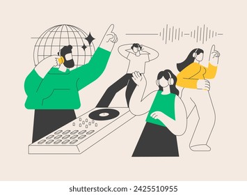 Silent disco abstract concept vector illustration. Headphones party, quiet rave trend, silent disco equipment rental, music listening experience, club event, DJ set streaming abstract metaphor.