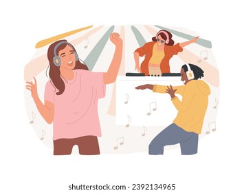 Silent disco isolated concept vector illustration. Headphones party, quiet rave trend, silent disco equipment rental, music listening experience, club event, DJ set streaming vector concept.