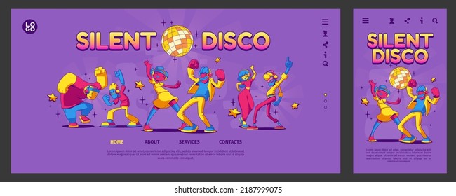 Silent disco landing page, app ui ux mobile app onboard screen template. Contemporary characters party dancing and rejoice in night club. Happy people at dance event Line art cartoon vector web banner