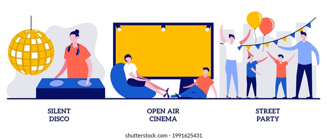 Silent disco, open air cinema, street party concept with tiny people. City entertainment vector illustration set. Club event, DJ set streaming, movie theater, buy ticket online, outdoor fun metaphor.