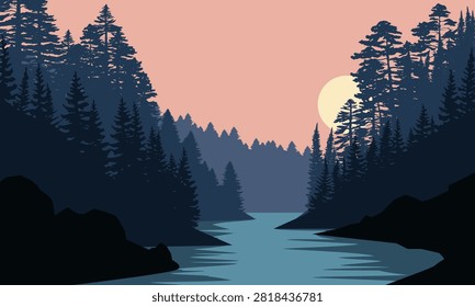 Silent forest river glows under twilight sky. Moon casts gentle light on calm, winding water. Pine trees stand tall, dark against soft pink horizon. Rocks frame the stream. Ideal for tranquil moments