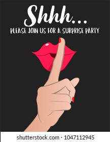 Silent Gesture Shhh It's Surprise Birthday Party With  Finger To Pink Lips Black Card . Vector With White Text.