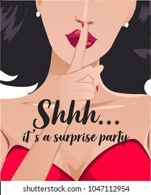 Silent gesture Shhh it's Surprise Birthday Party with woman holding finger to her lips . Vector.