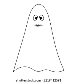Silent Ghost. Sketch. Spirit with a sewn mouth. Vector illustration. Doodle style. Coloring book for children. Casting. Outline on isolated background. Halloween symbol. White linen suit. 