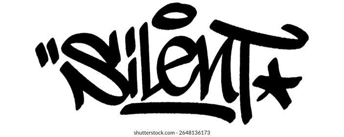 Silent graffiti tag in black spray paint with soft drip texture. Transparent background. Calm but powerful urban tag for sigma-style quiet strength.