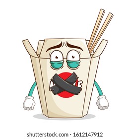 Silent of instant cup noodle cartoon character with duct tape and funny expression