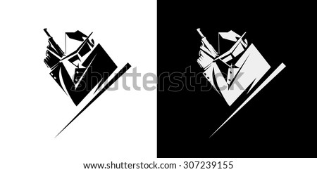 Silent killer, hit-man or detective, wears sunglasses, hat and raincoat, holds a handgun. Black and white picture, retro american detective style, poster, sign usage.