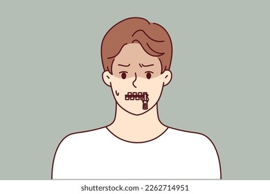 Silent man with zipper on lips is trying to hide compromising information or unpopular opinion. Silent guy with closed mouth refuses to comment and gossip due to self-censorship and cowardice 
