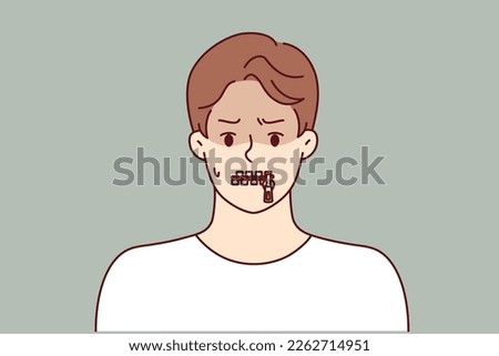 Silent man with zipper on lips is trying to hide compromising information or unpopular opinion. Silent guy with closed mouth refuses to comment and gossip due to self-censorship and cowardice 