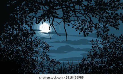 Silent moon glows through tangled tree branches. Distant hills fade softly into night's embrace. Dark leaves frame the sky's gentle glow. Peaceful stillness settles over forested shores