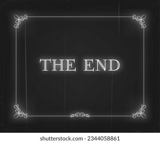 Silent movie cinema film end screen in vintage floral borders, vector background. Hollywood cinema and retro movie theater The End screen with flourish frame and grunge black film scratch lines