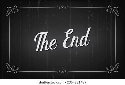 Silent movie cinema film end screen with retro borders in floral frame, vector background. Hollywood cinema and retro movie theater The End screen with grunge filmstrip scratch lines in flourish frame