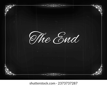 Silent movie film The End retro screen or vintage cinema border background, vector frame. Hollywood movie theater classic video or motion picture The End black screen with grunge film scratches