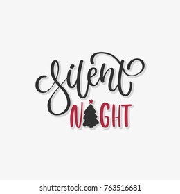 Silent night. Christmas tree. Hand drawing text for Happy New Year illustration. Greeting card. Bright colored letters. Modern, stylish hand drawn lettering. Calligraphic inscription. Merry Christmas.