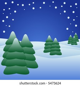 Silent night with Christmas trees and snow