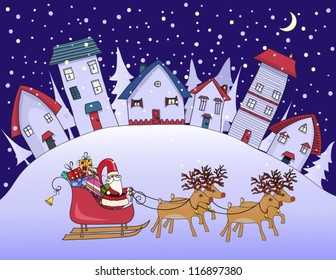 Silent Night - Christmas in a village, with cute houses and cozy homes on the hill and Santa Clause with his reindeer riding on his sleigh; whimsical hand drawn Christmas greeting card