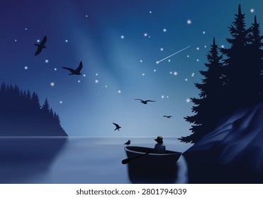 Silent night glows above still lake waters. Stars blink softly in deep blue sky. Raven shadows drift through moonlit air. Lone figure sits peacefully in small boat