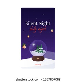 Silent Night, Holy Night Social Media Story Template Devoted To Popular Christmas Carol And Decorated With Holly And Snow Globe. Christmas Celebrations, Traditions And Cultural Heritage.