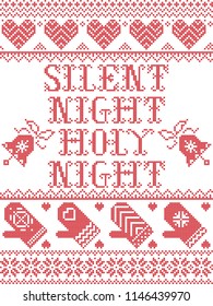 Silent night holy night vector seamless pattern inspired by nordic culture festive winter in cross stitch with heart, snowflake, mittens, Christmas bells
