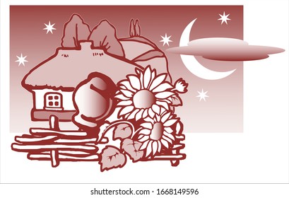 Silent night in Little Russia. Moon over an old thatched rural house. In front of the house is a wooden wicker fence with a clay pot and sunflowers. Away on the mountain of poplar. Vector drawing