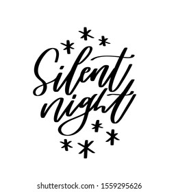 Silent night short Christmas quote. Wall art, card, gift tag calligraphy with abstract snowflakes.