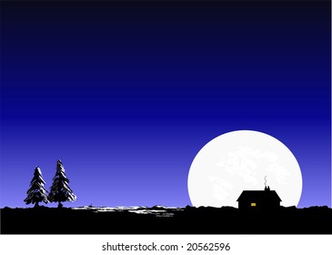 Silent night vector. Sky, moon, house & Christmas tree scene