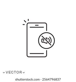 silent phone icon, silence or sound switch, turn mobile quiet, thin line symbol concept isolated on white background, editable stroke eps 10 vector illustration