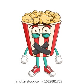 Silent popcorn cartoon character with duct tape and funny expression