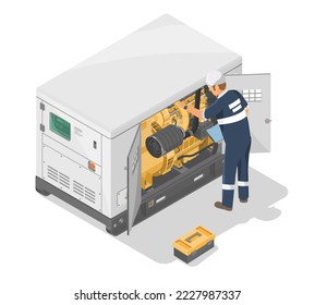 silent power generators station servicing checks list times maintenance service team engine motor isometric for industry and construction equipment yellow in white isolated